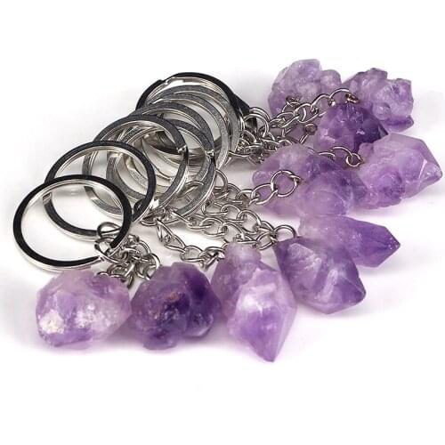 6pcs Natural Amethysts Cluster Keychain Pendant Fashion Jewelry Pendant Quartz Crystal Healing Pendulum Chakra Energy Keychains
