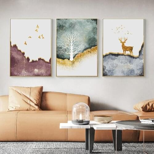 Golden Deer Bird Abstract Canvas Poster Mountain Wall Art Painting Nordic Posters and Prints Wall Pictures for Living room Decor