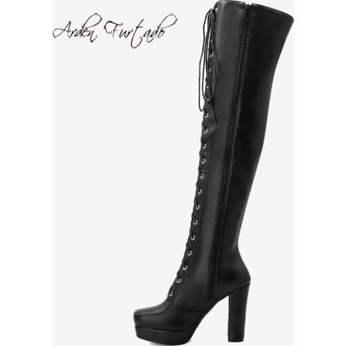 Arden Furtado 2020 winter fashion Cross tied Side zipper Square head Chunky heels Beige black Over the knee boots Platform