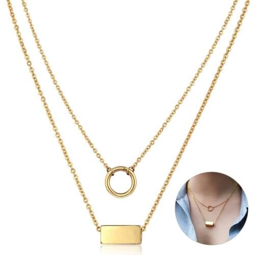 Double Layered Pendant Choker Necklace for Women Girl Stainless Steel Rolo Link Chain Round Hoop ID Cube Charms Gifts DS08A