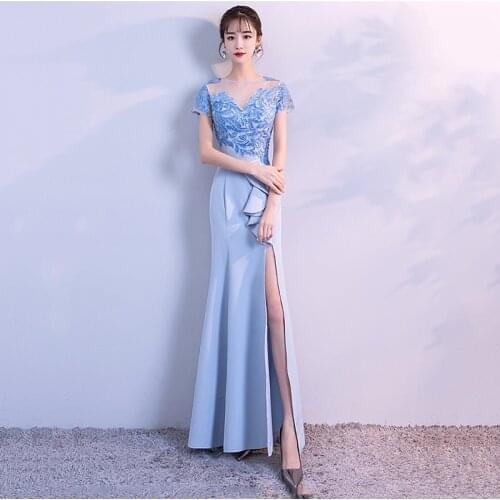 Elegant Hollowing Out Blue Cheongsam Sexy Slim Trailing Mermaid Dress Exquisite Sequins Evening Party Dress Retro Vestidos