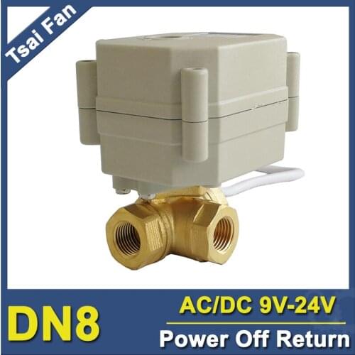 TF8-BH3-C AC/DC9-24V 3 Way T/L Type Brass 1/4'' (DN8) Horizontal Power Off Return Valve With Indicator For Water Control