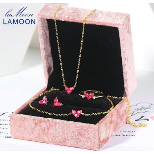 LAMOON 925 Silver Jewelrys Set For Women Korea Fashion Style Sweety Heart Synthetic Corundum K 14K Gold Plated Fine Jewelry V096