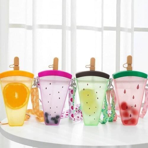 Summer Plastic Straw Popsicles Water Bottle Cute Ice Cream Water Bottle Portable Kids Water Bottles For Girls With Strap Straw