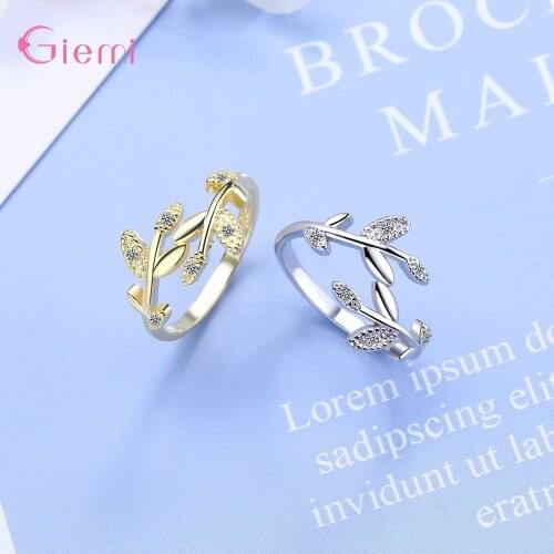 Fashionable Crystal Adjustable Finger Ring For Women Delicate 925 Sterling Silver Leaves Open Ring Jewelry Party Gifts