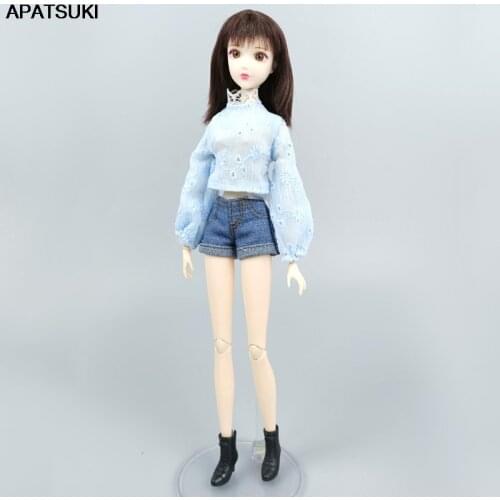 Fashion Clothes Set For Barbie Doll Accessories Outfits Blue Puff Sleeve Tops Leather Skirt Denim Shorts For Blythe Dolls Toys
