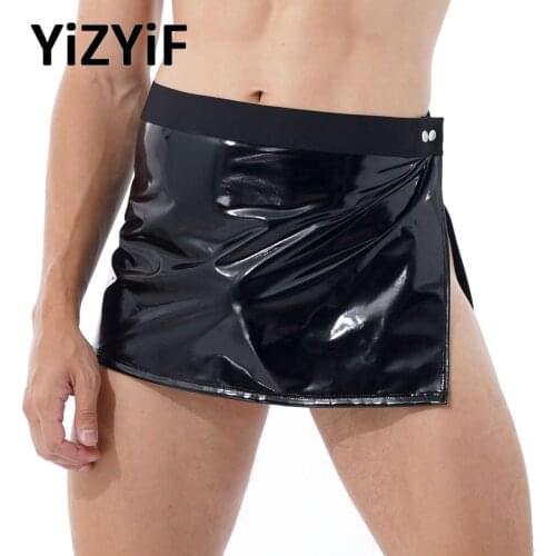 Men Skirt Wet Look PU Leather Adjustable Mini Skirts Press Studs