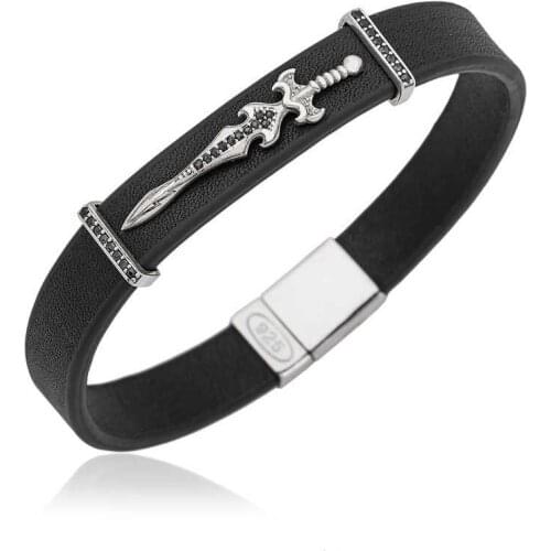 Tevuli 925 Sterling Silver Sword Figured Leather Male Bracelet