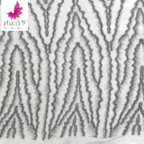 2021 New Quality gray Embroidery Beaded Lace Sequins Bridal Fabric For Wedding Evening Dress 5 Yards HY1363