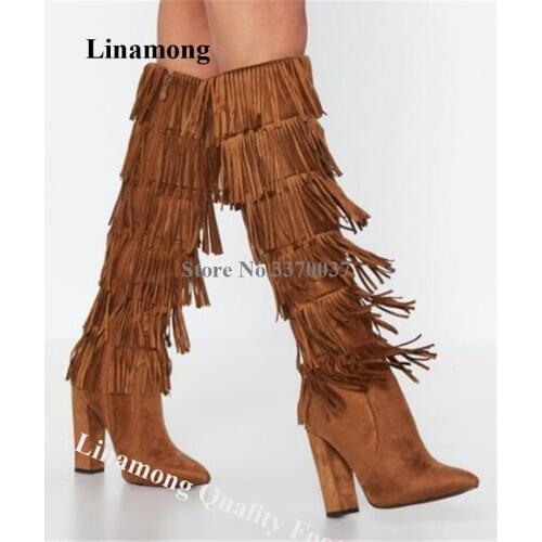 Linamong Charming Pointed Toe Suede Leather Knee High Chunky Heel Tassels Boots Sexy Fringes Long Thick Heel Boots Dress Heels
