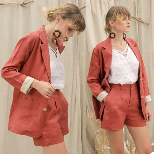 Sexy Notched Lapel Women Suits Linen Two Buttons Shorts Blazer Casual Daily Wear Streetwear 2 Pieces Jacket