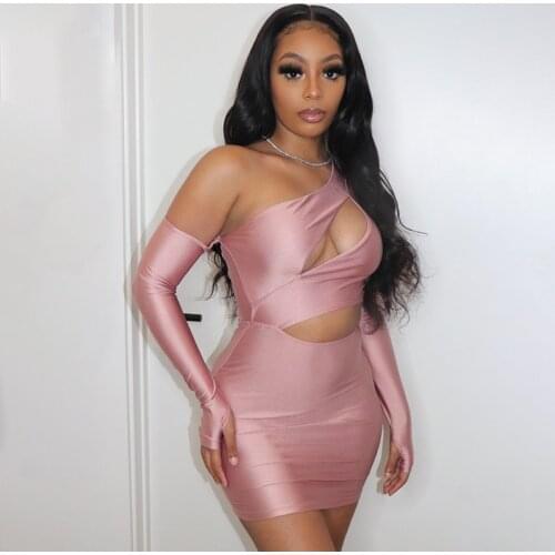 One Shoulder Cut Out Hot Bodycon Dresses Woman Party Night Sexy Long Sleeve Clubwear Fashion Mini Dress Autumn Winter
