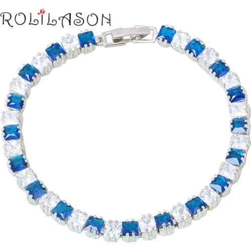 ROLILASON Amazing navy Blue Crystal Silver Plated Charm Bracelets for Women Wedding Gift Fashion Jewelry TBS1080
