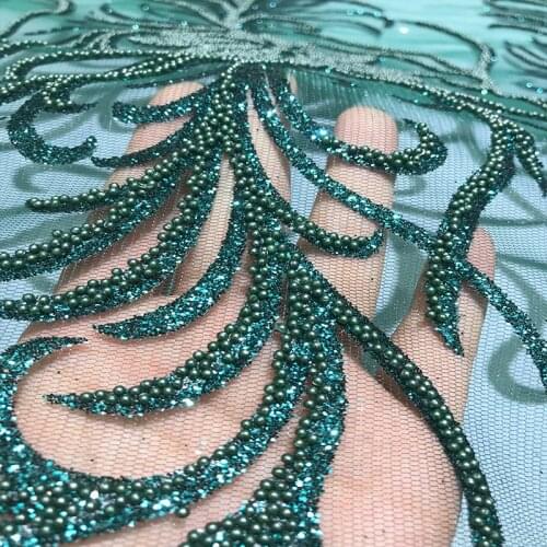 Nice Champagne/Green Leaves Luxury Dress Rhinestone Beading Sequin Lace Fabric Material for Women Wedding Gown High Quality Mesh