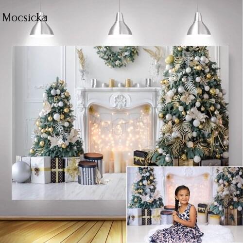 Christmas Backdrop Photography Fireplace White Living Room Winter Merry Xmas Background Christmas Trees Candle Gifts Photo Shoot