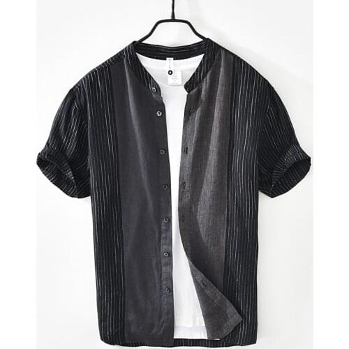 Striped Short Sleeve Shirt for Men Summer New Black Stand Collar Tops Male Thin Section Slim Fit Button Up Retro Clothes