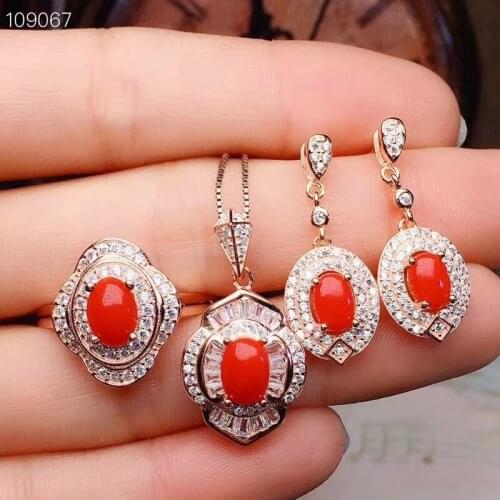 S925 silver natural red coral gem ring pendant earrings natural gemstone jewelry set Lovely round women wedding gift jewelry