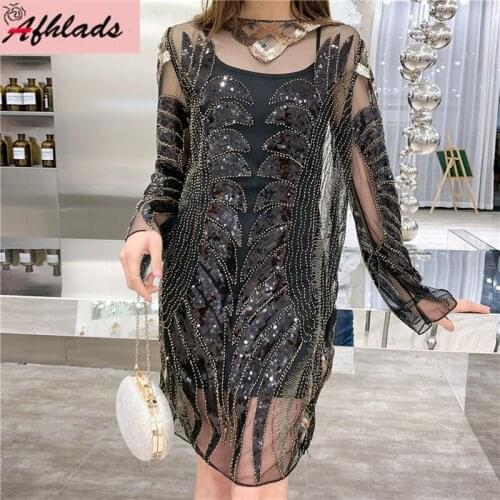 Spring And Autumn Long Sleeved Black Slim Sexy Nightclub Party Dress Ladies Sequined Patchwork Women Fashion Vintage Vestidos