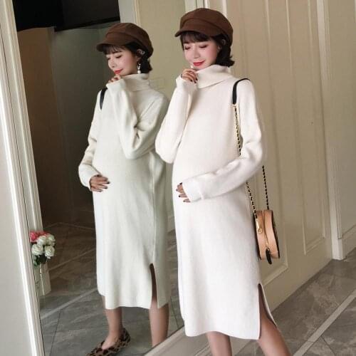 Turtleneck Side Splits Maternity Sweater Dress Autumn Winter Thicken Warm Pregnant Women Knit Dress Elegant Pregnancy Vestidos