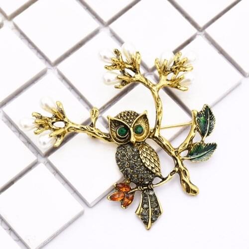 High Quality Luxury Scarf Gold Metal Rhinestone Brooch Enamel Colorful Leaf Owl Brooches Pins for Women Dress Cloth Accessory