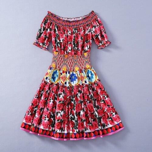 European and American womens clothing 2021 The new spring Short - sleeved one-line collar Rose print fashionable dress