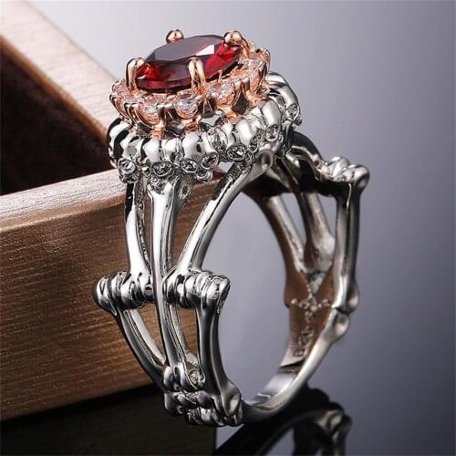 Women Rings Silver Plated Four Prongs Red Cubic Zirconia Rings Couple Wedding Skull Rings Fashion Jewelry Birthday Gift for Girl