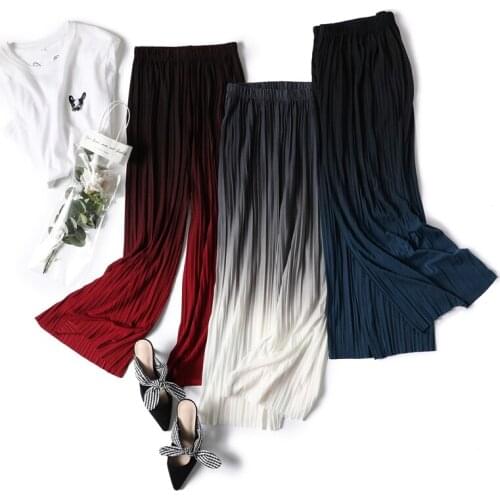 Female Summer Ice Silk Gradient Color Wide Leg Pants Pleated Nine Points Large Size High Waist Drape Skirt Straight Beach Pants
