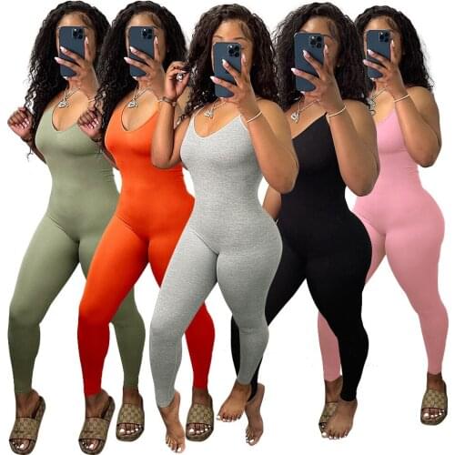 Fitness Women Rompers Solid 2021 Summer Spaghetti Straps Skinny Jumpsuits Off Shoulder Sexy Night Club Party One Piece Overalls
