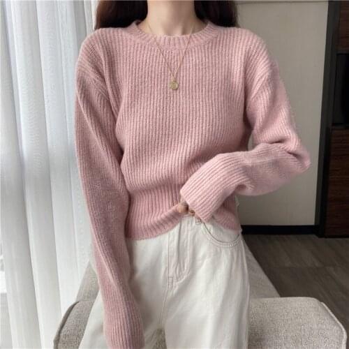 Sweater women 2021 autumn new Japanese sweet round neck Pullover Sweater solid color loose womens top dropshipping