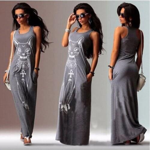 2021 Summer Women Sleeveless Long Dress Casual Long Maxi Cartoon Printed Sundress Cat Printed O-Neck Ankle-Length Dresses