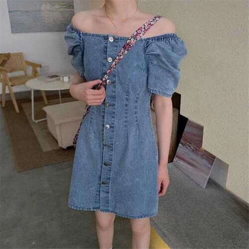 New Korean Fashion Denim Dress Women Puff Sleeve Front Button Off Shoulder Mini Dresses Chic Vintage Jeans Dress Vestido De Muje