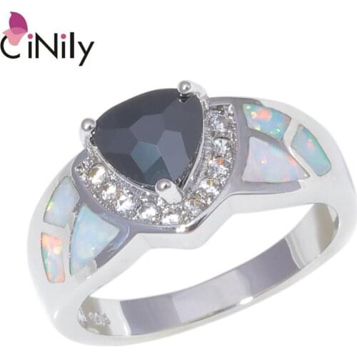 CiNily Created White Fire Opal Black Onyx Cubic Zirconia Silver Plated Wholesale for Women Jewelry Ring Size 6-10 OJ9423-24