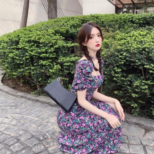 Sexy Summer Dress Women Korean Sweet Square Collar Floral Print High Waist Long Dresses 2021 Purple Chiffon Vestidos Femme Y387