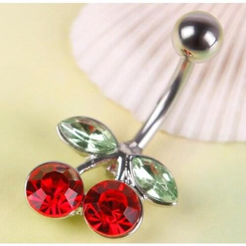 1Pc Stainless Steel Rhinestone Red Cherry Navel Belly Button Barbell Ring Body Piercing