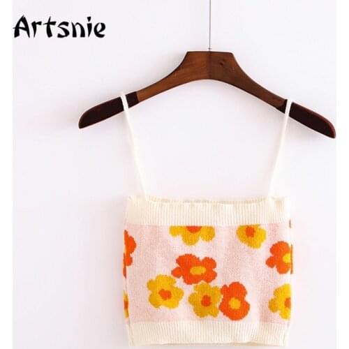 Artsnie Vintage Floral Print Camis Women Summer 2021 Strap Sleeveless Slim Knitted Crop Tops Streetwear Cropped Tops Camisole