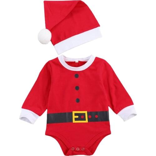 0-12M Newborn Baby Girls Boys Christmas Bodysuit, Long Sleeve Round Neck Print Romper + Pompom Cap 2 Pcs Clothes Set