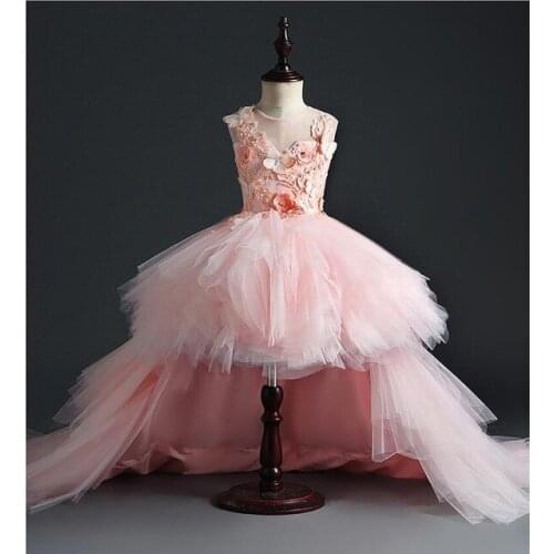 Elegant Pink Tulle Infant Toddler Pageant Dress Trailing Flower Girl Dress for Wedding and Party First Communion Dress For Girls