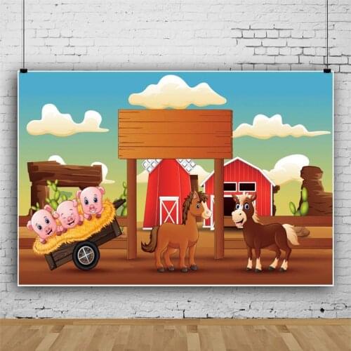 Cartoon Farm Photography Backdrop Red Wooden Farm Animals Pig Horse Cart Haystack Background for Kids Birthday Party Decorations
