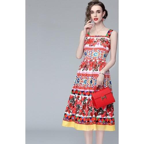 JSXDHK New 2021 Summer Runway Holiday Beach Dress Vintage Women Spaghetti Strap Rose Printed Elegant Flower Boho Pleated Dresses