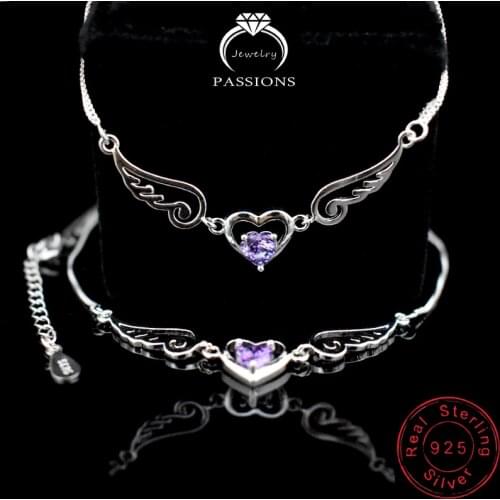 Hot 925 Sterling Silver Love Heart Angel Wing CZ Jewelry Set Purple AAA Zircon Pendant Necklace And Bracelet Women Fashion Gift