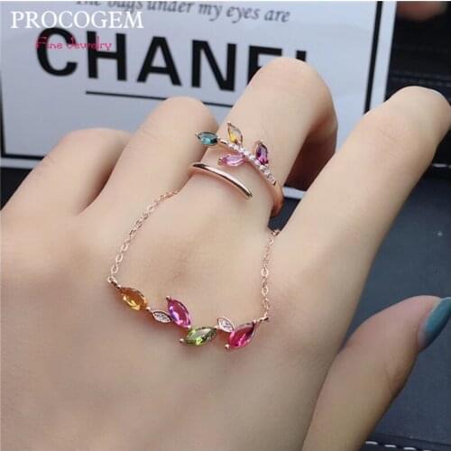 PROCOGEM 5A Fancy Natural Tourmaline jewelry sets for Women Lovely Fine Necklace Ring Genuine Gemstones 925 Sterling silver #745