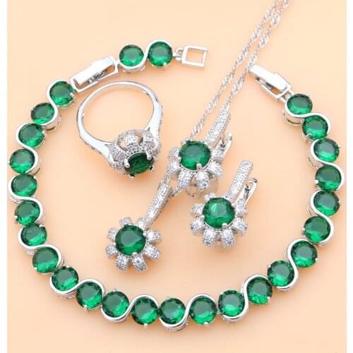 925 Sterling Silver Bridal Jewelry Sets Green Stone for Women Earrings Rings Dropshipping Necklace Set Dubai Jewelry