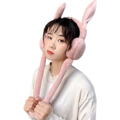 Rabbit Girls Ear Muffle Movable Plush Cover Cute Bunny Head Wear Warmer for Lady D08E