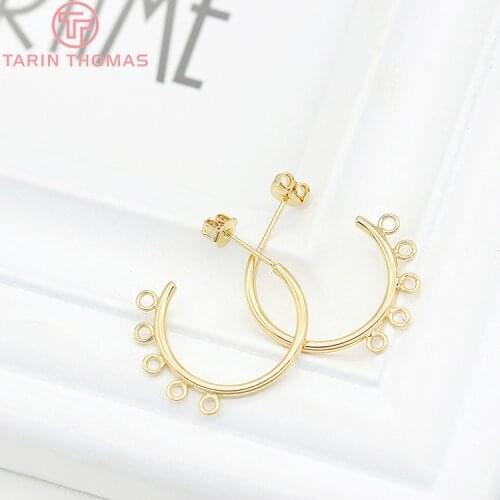 4PCS 24MM 24K Gold Color Plated Brass Round with Hanging Holes Stud Earrings High Quality DIY Jewelry Making Findings