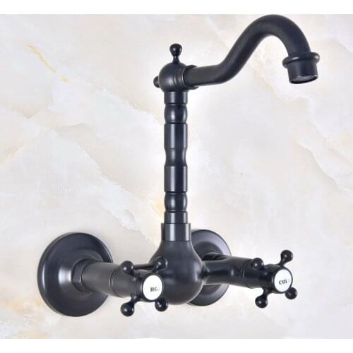 Black Oil Rubbed Antique Brass Bathroom Kitchen Sink Basin Faucet Mixer Tap Swivel Spout Wall Mounted Dual Cross Handles mnf469