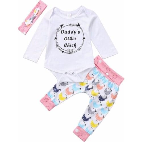 Lovely Newborn Baby Girls Daddys Other Chick Romper Pant Headband Outwear Outfits Sets Cotton Clothing Suit