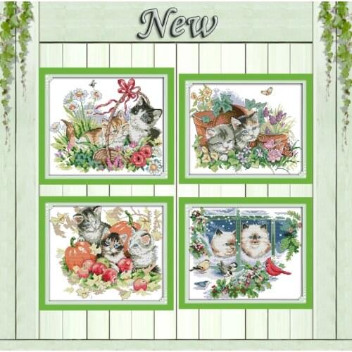 Four seasons cats flower summer decor painting counted print on canvas DMC 11CT 14CT Cross Stitch kit embroidery needlework Sets