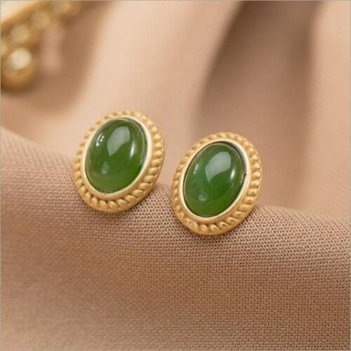 New Sterling Silver Inlaid Natural Hetian Jade Earrings Oval Niche Design Fresh And Cute Craftsmanship Women Brand Jewelry
