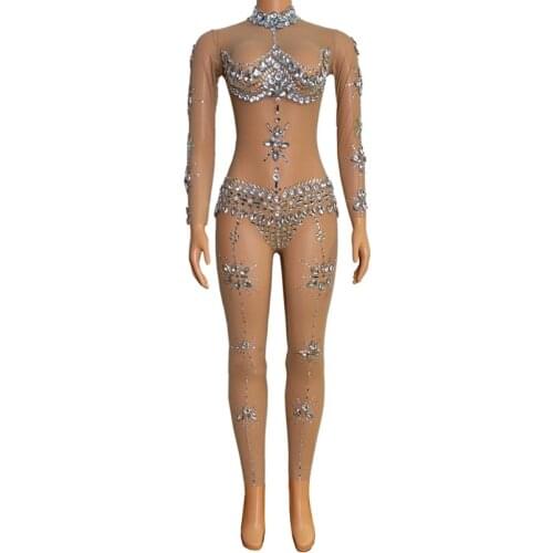 Nightclub Singer Sexy See-Through Long Sleeve Rhinestone Jumpsuit Pole/Jazz Gogo Dance Performance Bodysuit Rave Outfit DWY5079