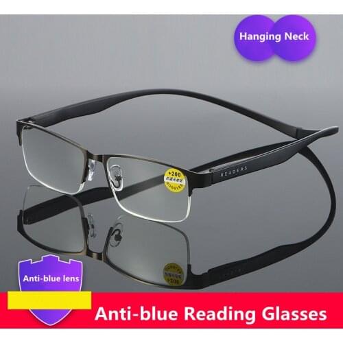 Men Alloy Hanging Neck Reading Glasses Magnetic Bendable Anti-blue Ray Reading Eyewear Frame Presbyopic +1.0 1.5 2.0 3.5